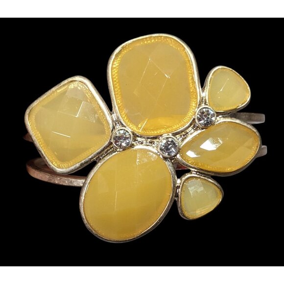 Chunky Retro Yellow Gemmed Gold-Tone Cuff Bracelet With Rhinestone Accents - Picture 1 of 6